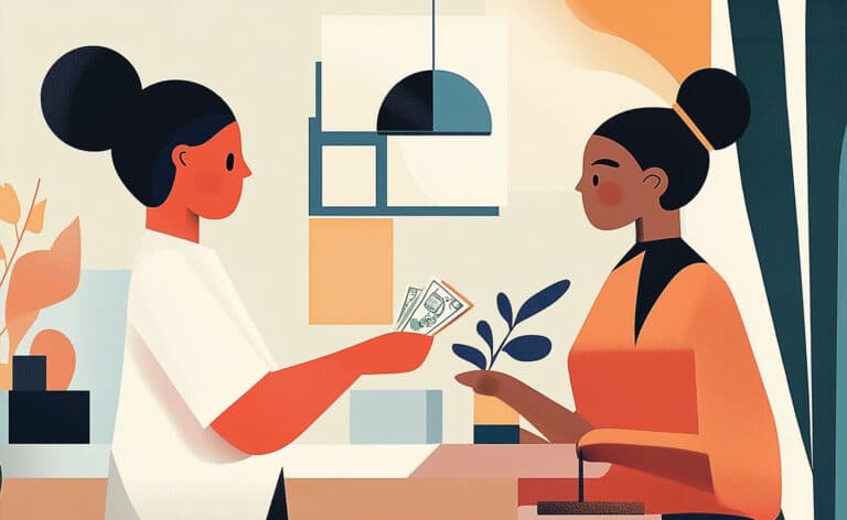 Illustration of patient at a doctors office giving a copay to the receptionist