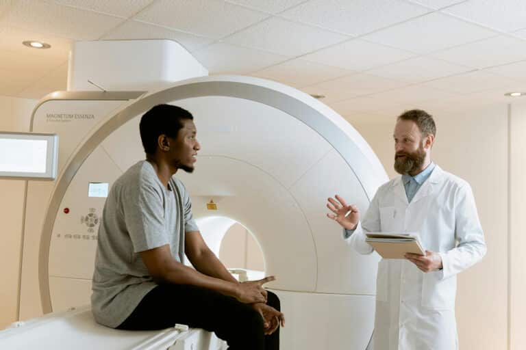 Patient being prepared for a PET-CT scan